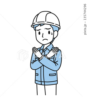 バツ印のポースをするヘルメットを被った作業服の男性のイラスト素材 135744296
