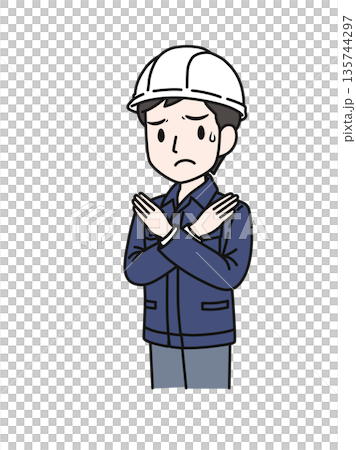 插畫素材：一名身穿工作服、頭戴安全帽的男子擺出十字手勢 135744297