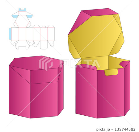 Hexagonal Box Packaging Mockup with dieline Template Layout Hexagonal Box Packaging Mockup with dieline Template Layout 135744382