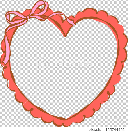 Red Heart Shaped Frame with Pink Bow Whimsical Hand Drawn 135744462