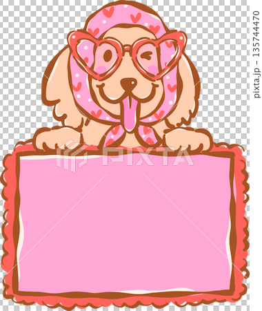 Whimsical golden retriever valentine dog  With Heart Shaped Glasses Holding Sign hand drawn 135744470