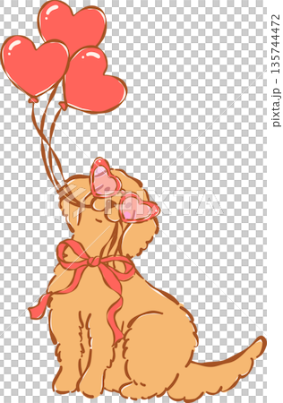 Whimsical Golden Retriever Valentine Dog Puppy With Heart Balloons And Sunglasses Hand Drawn 135744472