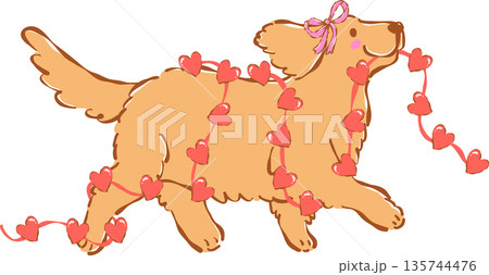 Whimsical Golden Retriever Valentine Dog With Heart Garland Illustration Hand Drawn Whimsical Golden Retriever Valentine Dog With Heart Garland Illustration Hand Drawn 135744476