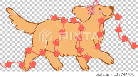 Whimsical Golden Retriever Valentine Dog With Heart Garland Illustration Hand Drawn 135744476