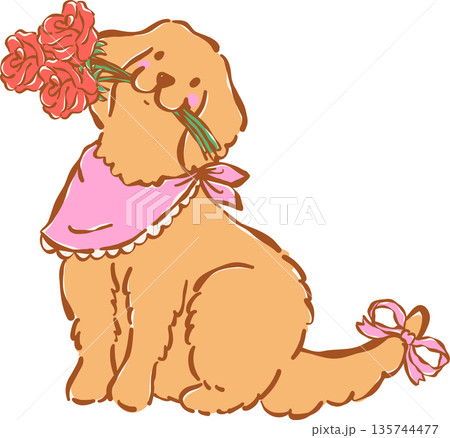 Whimsical Golden Retriever Valentine Dog With Roses and Pink Bandana  Illustration Hand Drawn 135744477