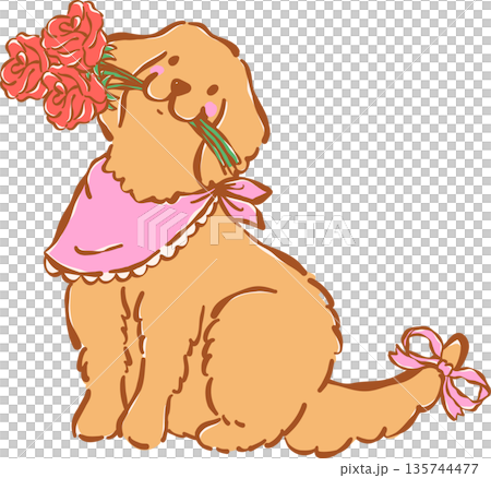 Whimsical Golden Retriever Valentine Dog With Roses and Pink Bandana  Illustration Hand Drawn 135744477