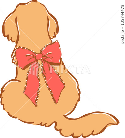 Whimsical Golden Retriever Valentine Dog  Back with Red Bow Illustration Hand Drawn 135744478