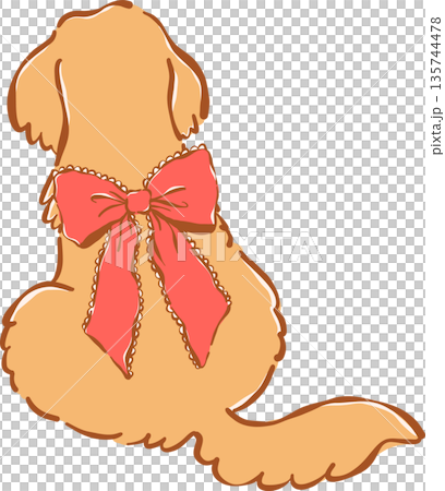 Whimsical Golden Retriever Valentine Dog  Back with Red Bow Illustration Hand Drawn 135744478