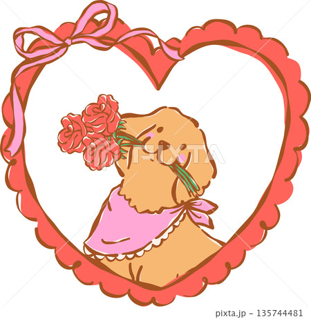 Whimsical Golden Retriever Valentine Dog Holding Flowers in Heart Frame Illustration Hand Drawn Whimsical Golden Retriever Valentine Dog Holding Flowers in Heart Frame Illustration Hand Drawn 135744481