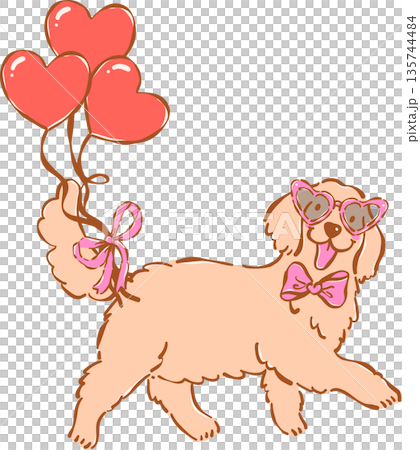 Whimsical Golden Retriever Valentine Dog Wearing Heart Glasses Holding Balloons Hand Drawn 135744484