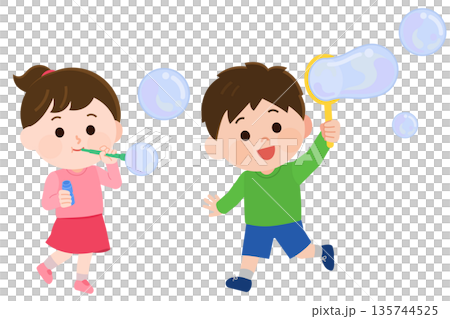 Boy and girl playing with soap bubbles illustration 135744525