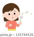 たんぽぽの綿毛を息を吹きかけて飛ばす女の子　イラスト 135744526
