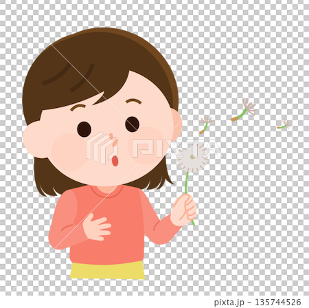 Illustration of a girl blowing away dandelion fluff 135744526