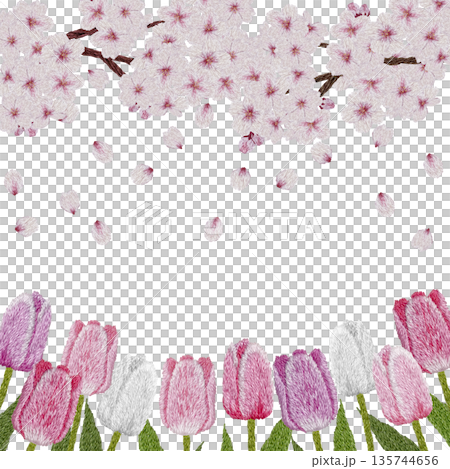 [Cherry Blossom and Colorful Tulip Frame] Hand-embroidered illustration material 135744656