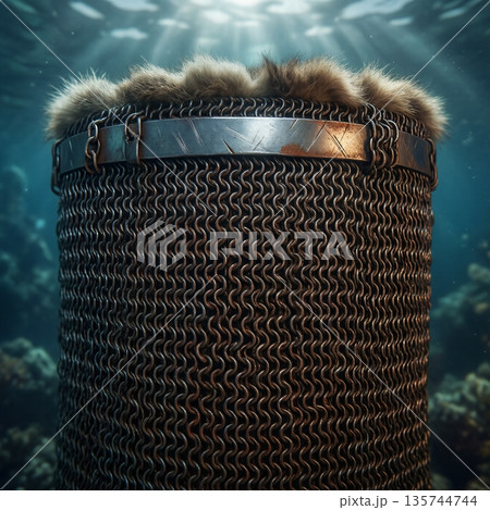 水中に沈む毛皮付きの鎖帷子状の金属筒と金属プレートの鎧状のテクスチャ 水中に沈む毛皮付きの鎖帷子状の金属筒と金属プレートの鎧状のテクスチャ 135744744