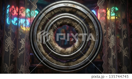 ネオンの街角の窓辺に浮かぶ鎖帷子状の金属と毛皮の円環オブジェクト ネオンの街角の窓辺に浮かぶ鎖帷子状の金属と毛皮の円環オブジェクト 135744745