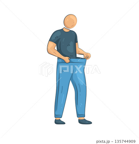 Illustration of man with loose pants after weight loss 135744909