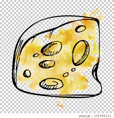 Cheese portion slice, maasdam with round edges and open holes detail, farm-fresh feel. Hand drawn watercolor wash and ink illustration for deli marketing, dairy product labels, menu recipe cards. 135745111