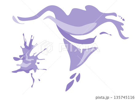 Light violet layered motion shape with splash accent and wave-like extension. Pure vector composition with color accents for creative industries branding, digital posters, pastel-toned illustrations. 135745116