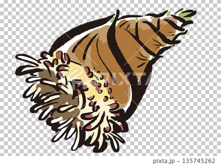 Freshly dug bamboo shoots with roots still attached - A dynamic Japanese-style illustration Freshly dug bamboo shoots with roots still attached - A dynamic Japanese-style illustration 135745262