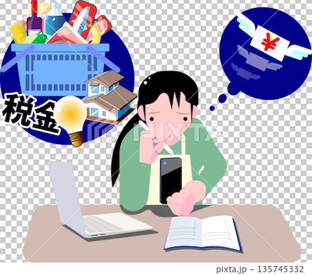 一位家庭主婦一邊擔心物價上漲和生活開支,一邊記著家庭帳簿。 一位家庭主婦一邊擔心物價上漲和生活開支,一邊記著家庭帳簿。 135745332