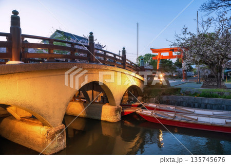 bridge over Yanagawa river to Mihashira Shrine at dusk, Fukuoka bridge over Yanagawa river to Mihashira Shrine at dusk, Fukuoka 135745676