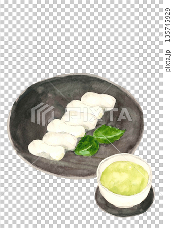 水彩で描いたt初午団子とお茶【手描き】白バック コピースペースあり透過背景 135745929