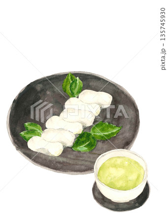 水彩で描いたt初午団子とお茶【手描き】白バック コピースペースあり透過背景 135745930