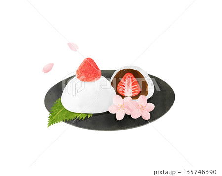 黒皿にのった桜の葉と苺大福・断面の見えるピンクの和菓子・桜の花を添えて・水彩イラスト素材 135746390