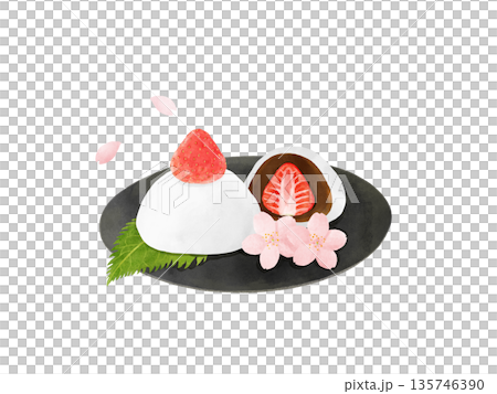 黒皿にのった桜の葉と苺大福・断面の見えるピンクの和菓子・桜の花を添えて・水彩イラスト素材 135746390
