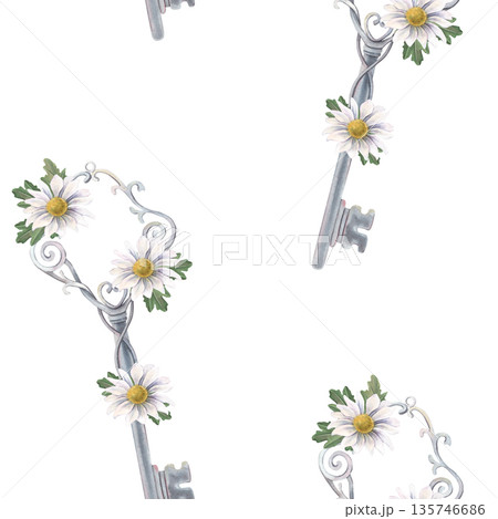 Seamless pattern with metal keys, chrysanthemums flowers. Hand-painted watercolor illustration isolated on white for textile, packaging, stationery, wallpaper, branding, wedding design, decor Seamless pattern with metal keys, chrysanthemums flowers. Hand-painted watercolor illustration isolated on white for textile, packaging, stationery, wallpaper, branding, wedding design, decor 135746686