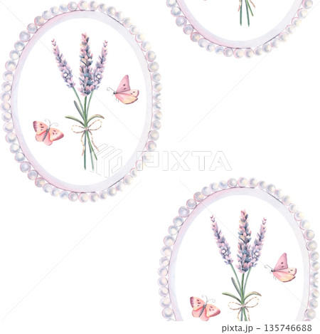 Seamless pattern, vintage pearl frame, lavender, butterfly. Hand-painted watercolor illustration isolated on white for textile, packaging, stationery, wallpaper, branding, wedding design, decor 135746688