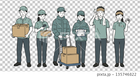 Set of 6 illustrations of male and female courier delivery and driver work scenes Set of 6 illustrations of male and female courier delivery and driver work scenes 135746822