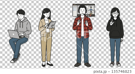 Illustration set of engineers, IT and creators working on PCs and tablets 135746823