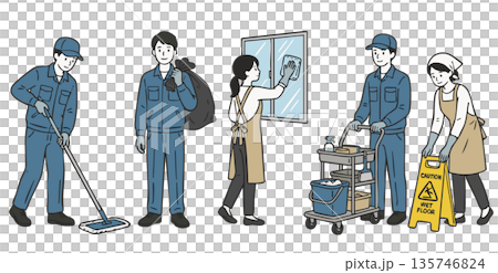 Set of 5 illustrations of male and female cleaning staff, house cleaning and building cleaning 135746824