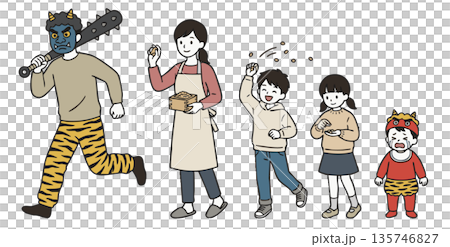 一套5幅插圖，描繪了一家人在節分節拋撒豆子，並穿著惡魔服裝的場景。 135746827