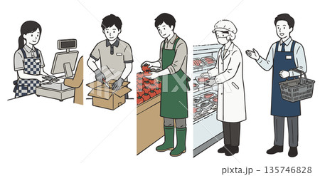 スーパーマーケットの店員・スタッフの男女仕事シーンイラスト5種セット スーパーマーケットの店員・スタッフの男女仕事シーンイラスト5種セット 135746828