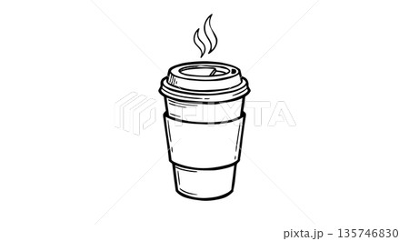 Hand drawn coffee to go cup illustration. Black and white line art sketch of a paper cup with sleeve and steam isolated on white background. Hand drawn coffee to go cup illustration. Black and white line art sketch of a paper cup with sleeve and steam isolated on white background. 135746830