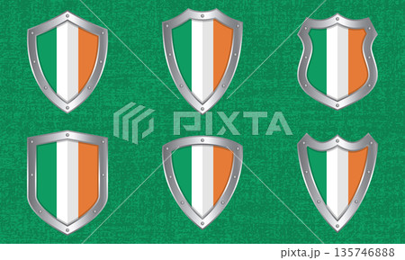 Set of metal shields with the Irish flag Set of metal shields with the Irish flag 135746888