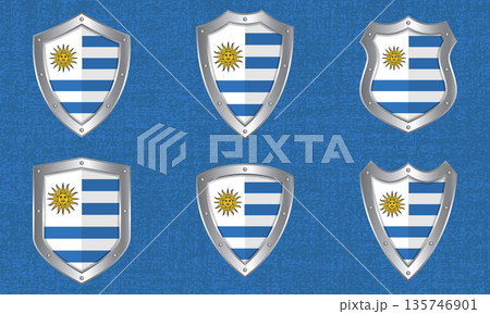 Set of metal shields with the Uruguayan flag Set of metal shields with the Uruguayan flag 135746901