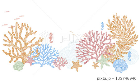 Trendy lace style marine coral illustration composition. Decorative hand drawn sea corals, shells, starfish and seahorses in elegant line art style. Modern coastal design perfect for banners 135746940