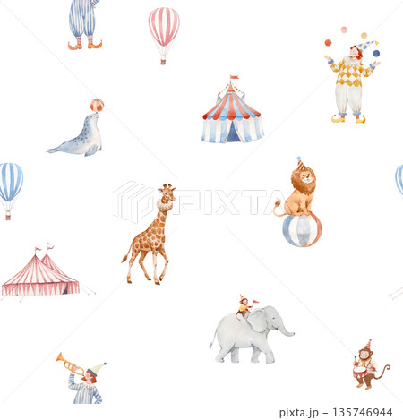 Seamless baby circus watercolor pattern with cute animals and performers. Vintage carnival background with elephant, giraffe, clowns, circus tent. Perfect for nursery decor, wrapping paper, fabric Seamless baby circus watercolor pattern with cute animals and performers. Vintage carnival background with elephant, giraffe, clowns, circus tent. Perfect for nursery decor, wrapping paper, fabric 135746944