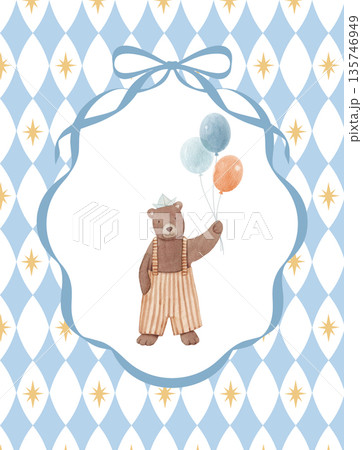Baby circus nursery poster with watercolor bear holding balloons on harlequin diamond background. Sweet hand drawn illustration in vintage circus theme, ideal wall art for nursery decor, kids room Baby circus nursery poster with watercolor bear holding balloons on harlequin diamond background. Sweet hand drawn illustration in vintage circus theme, ideal wall art for nursery decor, kids room 135746949