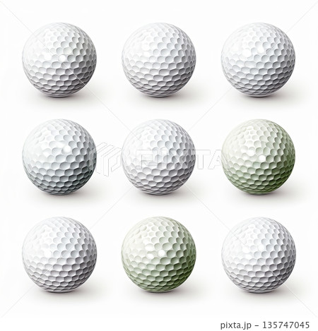 Nine Golf Balls Arranged on White Background, Sport Equipment, Game, Recreation. 3D Rendered. 135747045