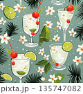 Tropical Cocktails and Flowers Pattern, Summer Refreshment, and Vacation Vibes Illustration 135747082
