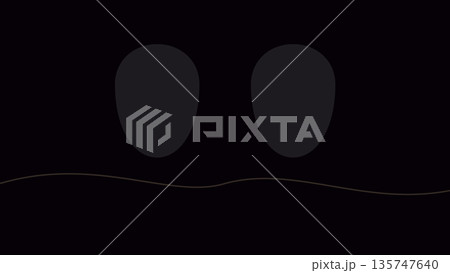 Two abstract oval shapes in muted grayscale tones float over dark background with fine horizontal line, expressing balance, symmetry, and stillness. 135747640