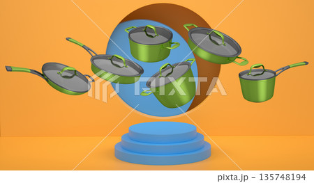 Set of kitchen cookware set with lids floating in midair, over colorfull podium and backdrop, concept of premium utensils 135748194