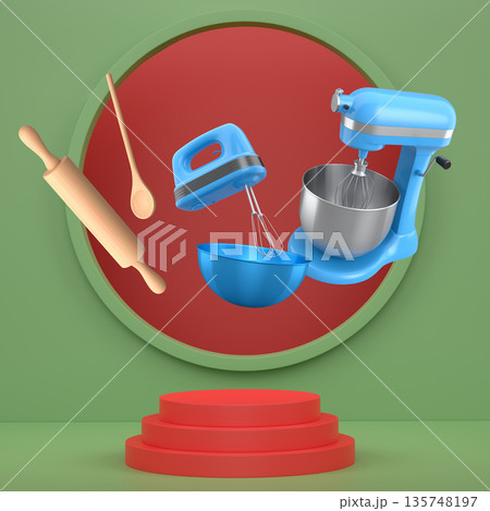 Floating kitchen tools including electric mixers, bowls, and utensils floating over podium on abstract background, baking tools Floating kitchen tools including electric mixers, bowls, and utensils floating over podium on abstract background, baking tools 135748197