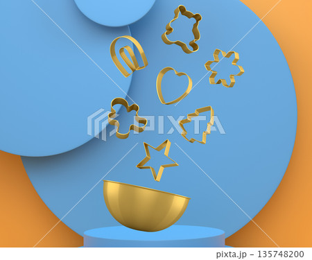 Set of cookie cutters float above a bowl and podium with abstract background, symbolizing baking creativity Set of cookie cutters float above a bowl and podium with abstract background, symbolizing baking creativity 135748200