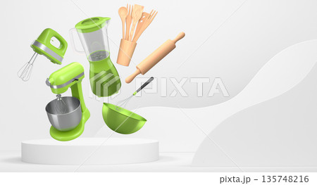 Floating kitchen tools including electric mixers, bowls, and utensils floating over podium on abstract background, baking tools Floating kitchen tools including electric mixers, bowls, and utensils floating over podium on abstract background, baking tools 135748216